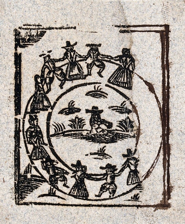 A circle of witches dance around a central figure. Woodcut, ca. 1700-1720. Via Wikimedia Commons.